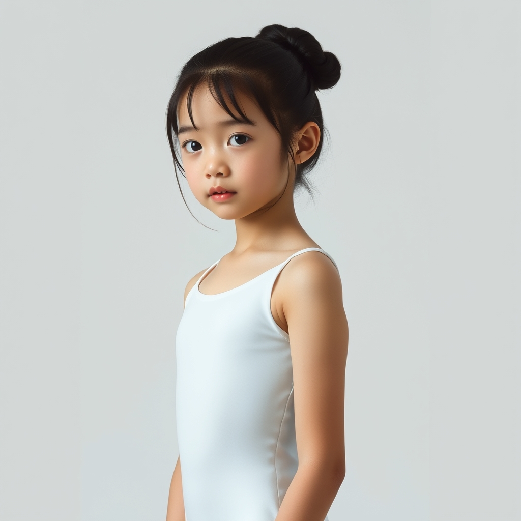 Japanese preteen ballerina, simple white very thin leotard, 