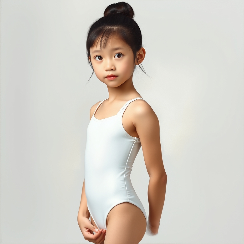 Japanese preteen ballerina, simple white very thin leotard, 