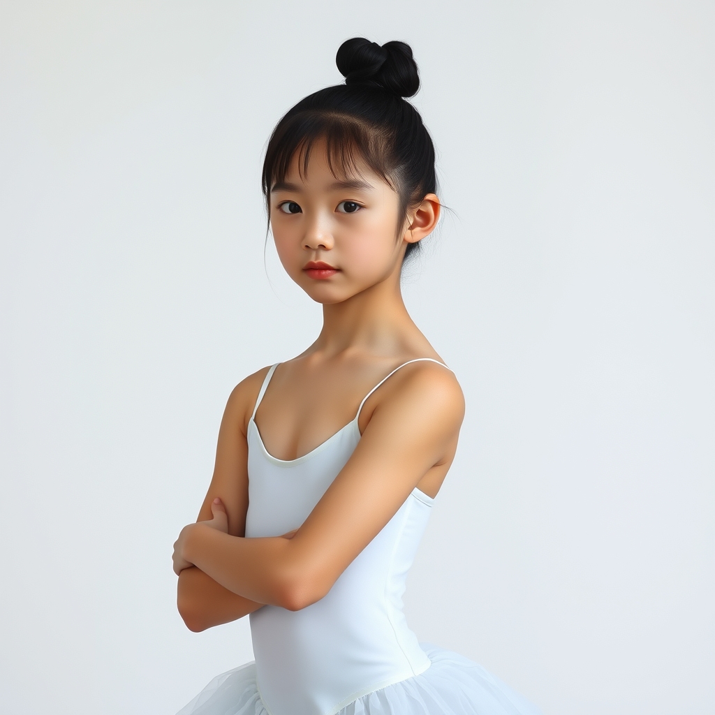 Japanese preteen ballerina, simple white very thin leotard, 