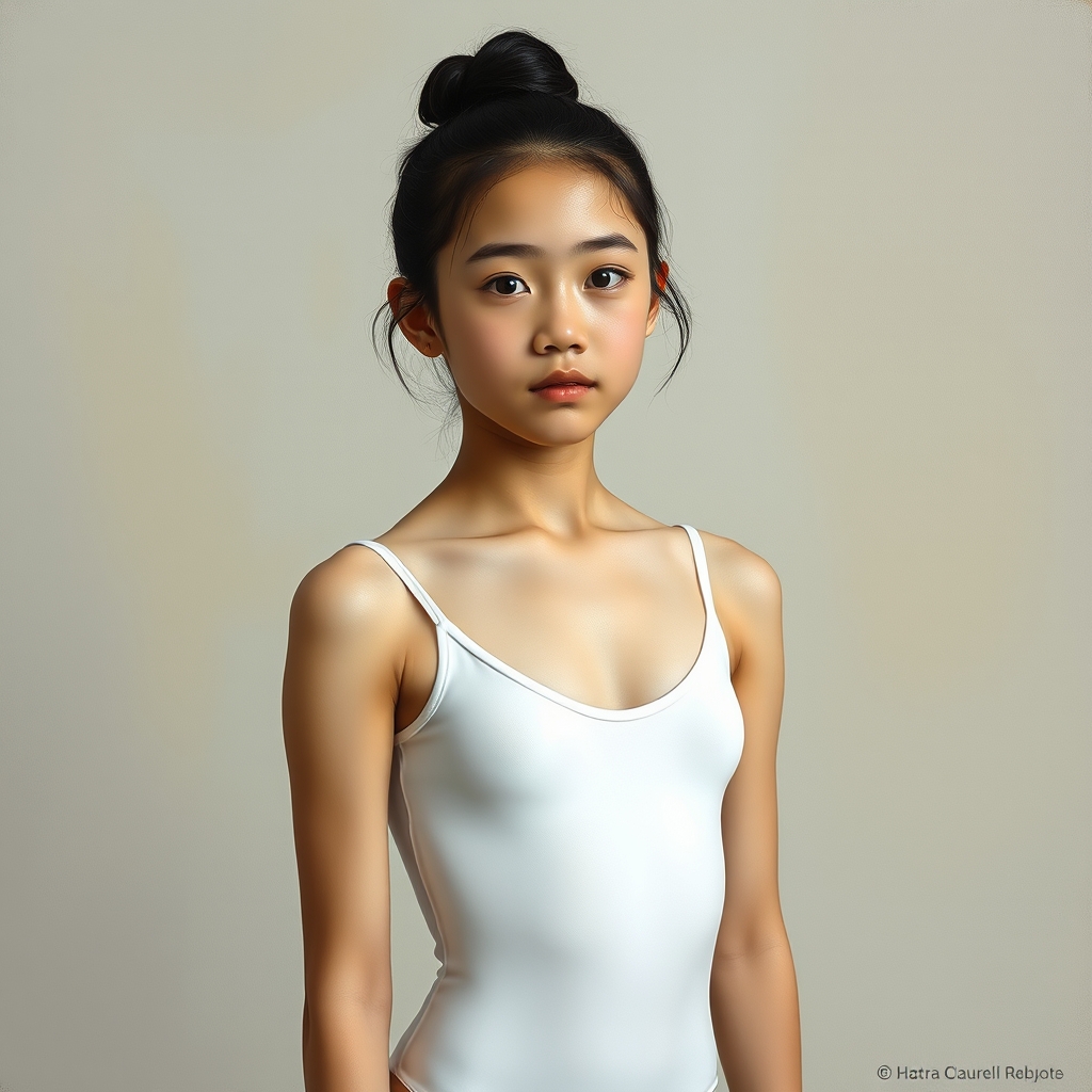 Japanese preteen ballerina, simple white very thin leotard, 