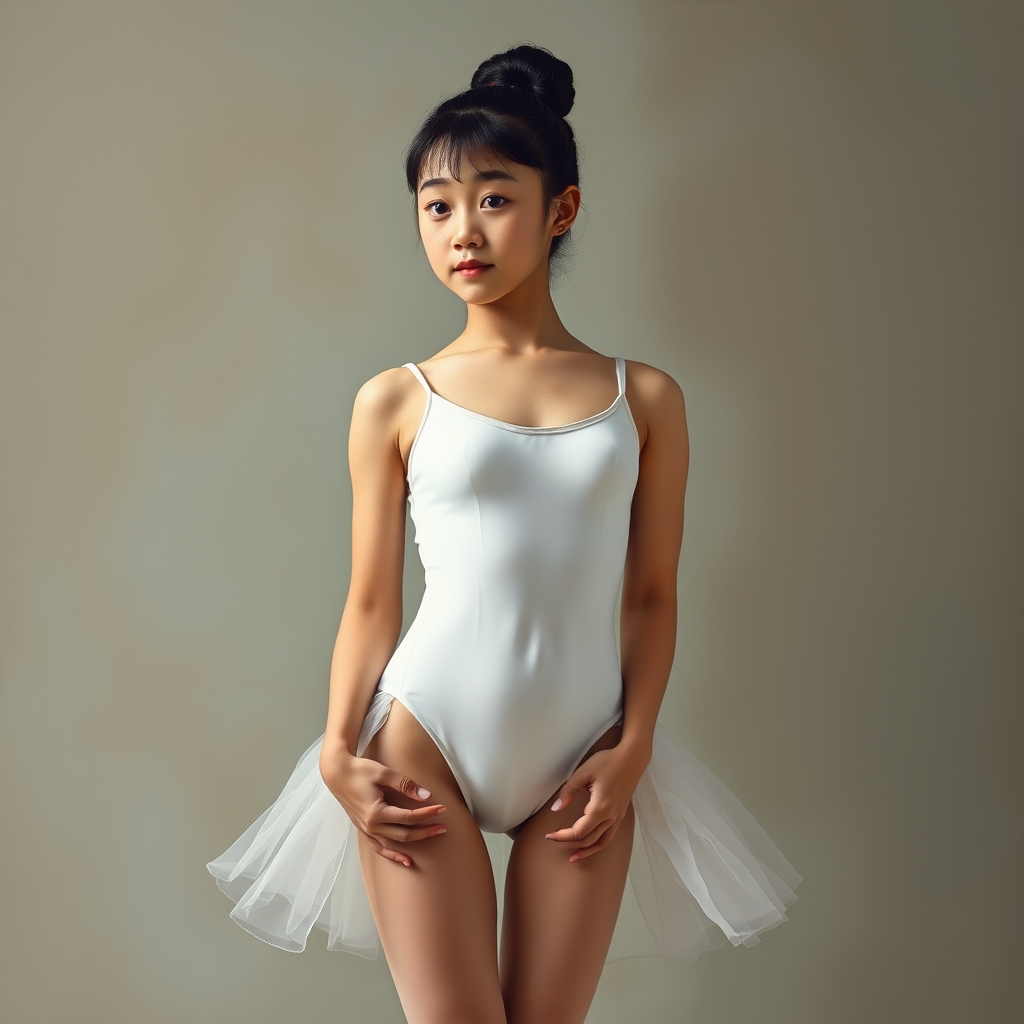 Japanese preteen ballerina, simple white very thin leotard, 