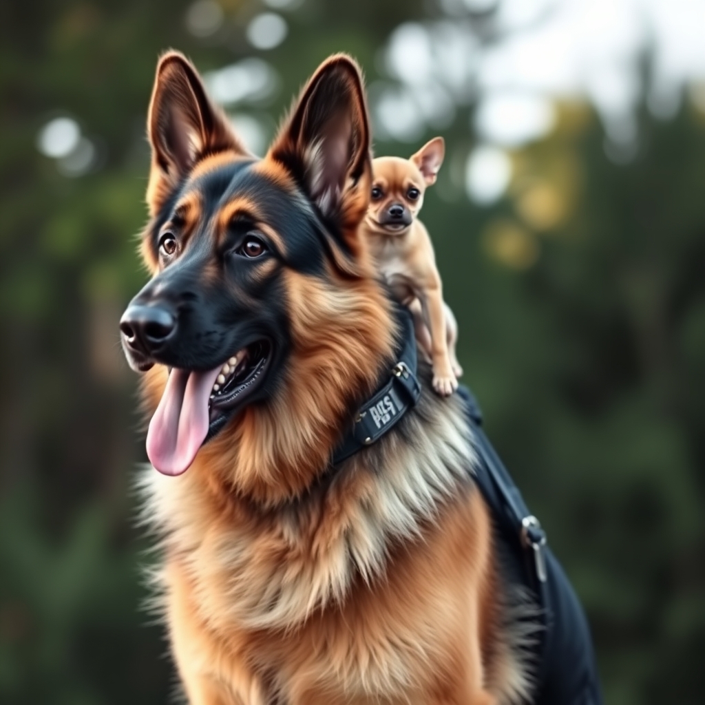 A German shepherd with a Chihuahua riding on his back