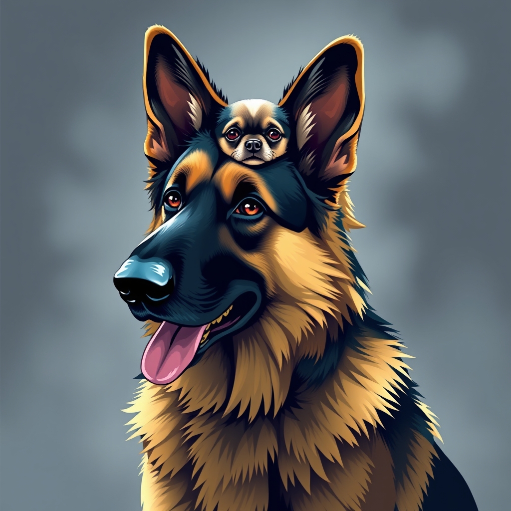 A German shepherd with a Chihuahua riding on his back