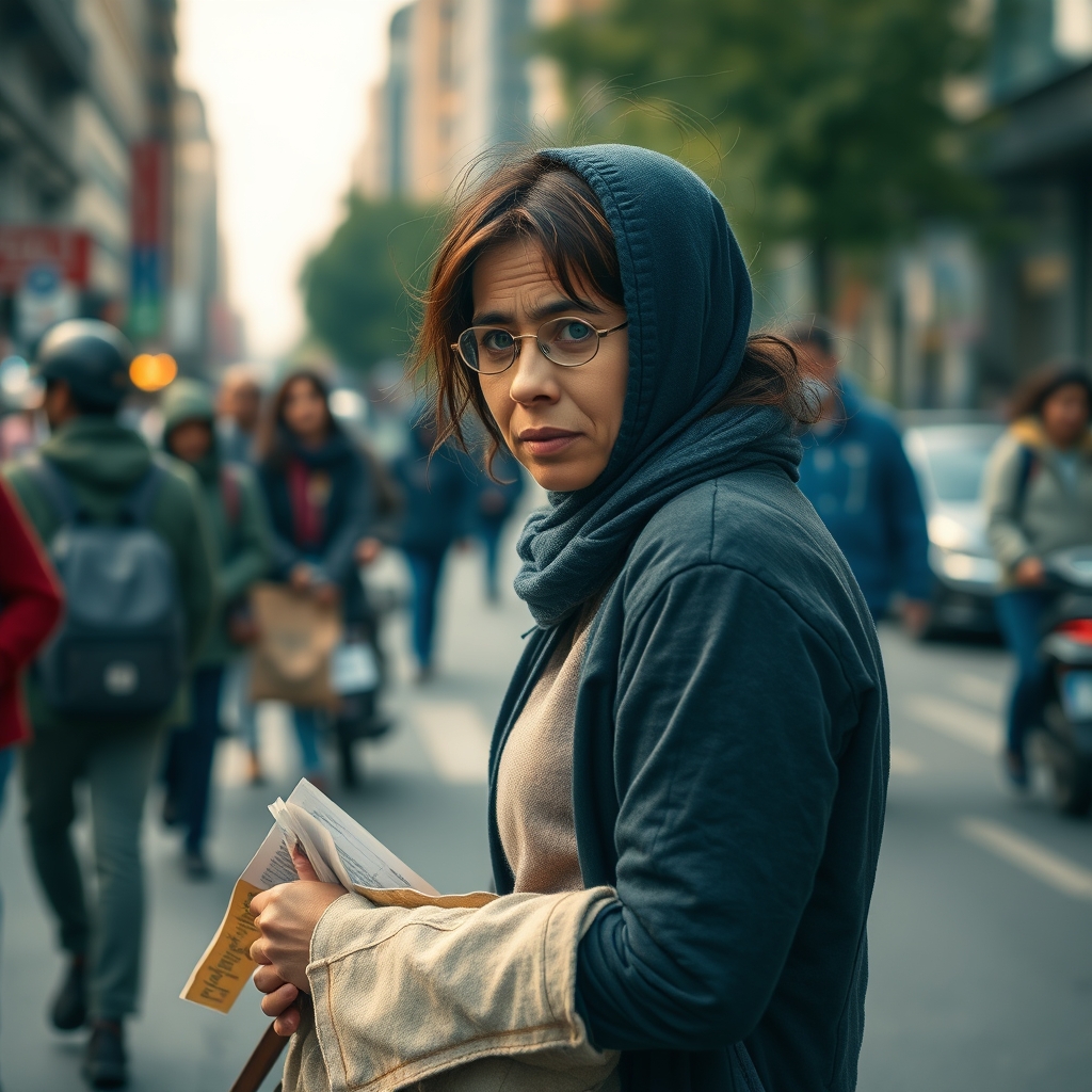 Young homeless woman begging in busy street