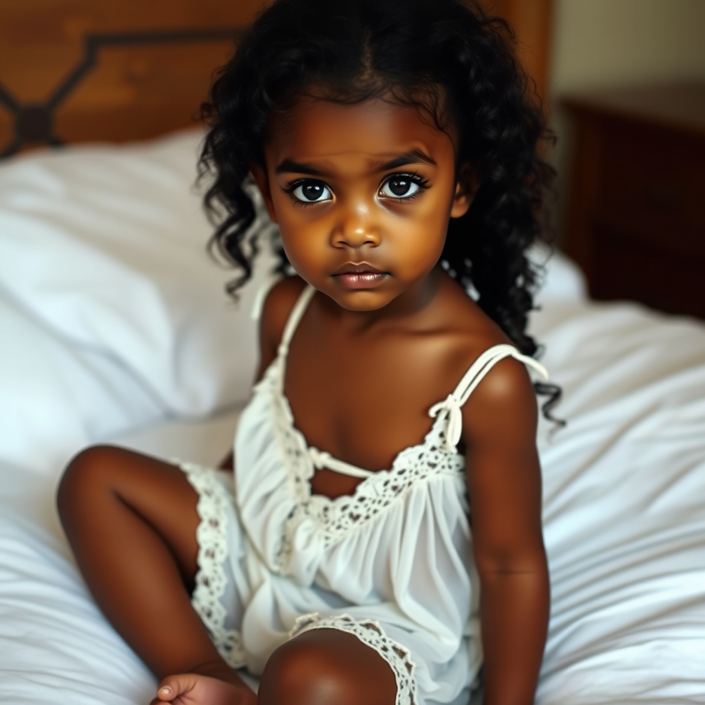 A mixed race childgirl with long black curly hair  and dark 