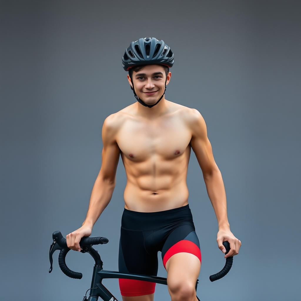 fit toned, slim teenage boy in cyclist spandex low cut knick