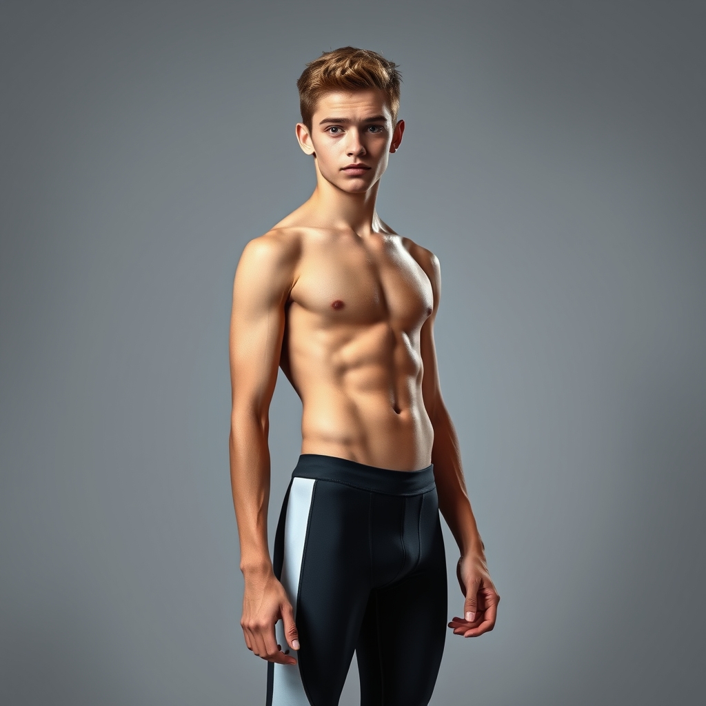 fit toned slim defined abs teenage Caucasian boy in spandex,
