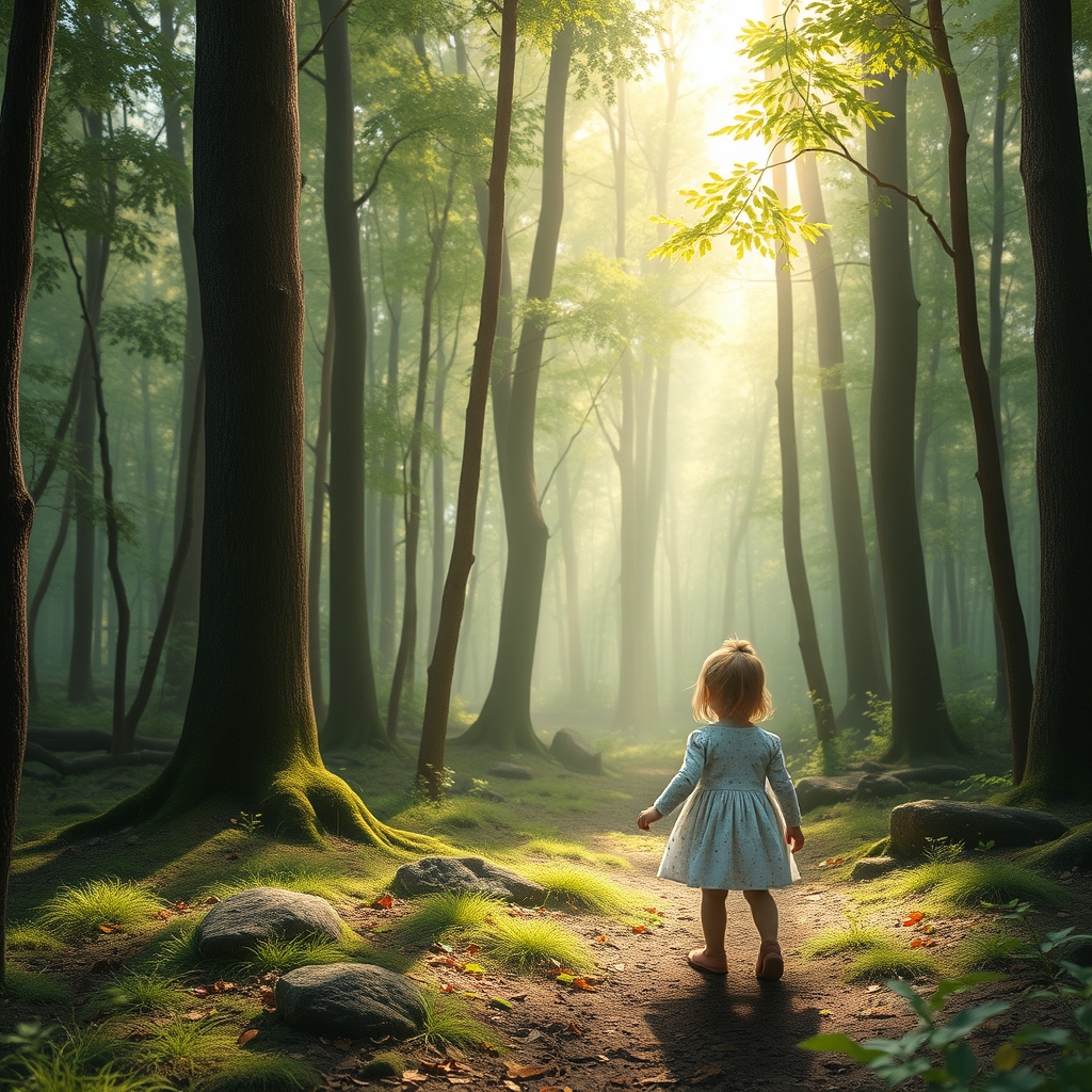 a forest scene with a toddler girl