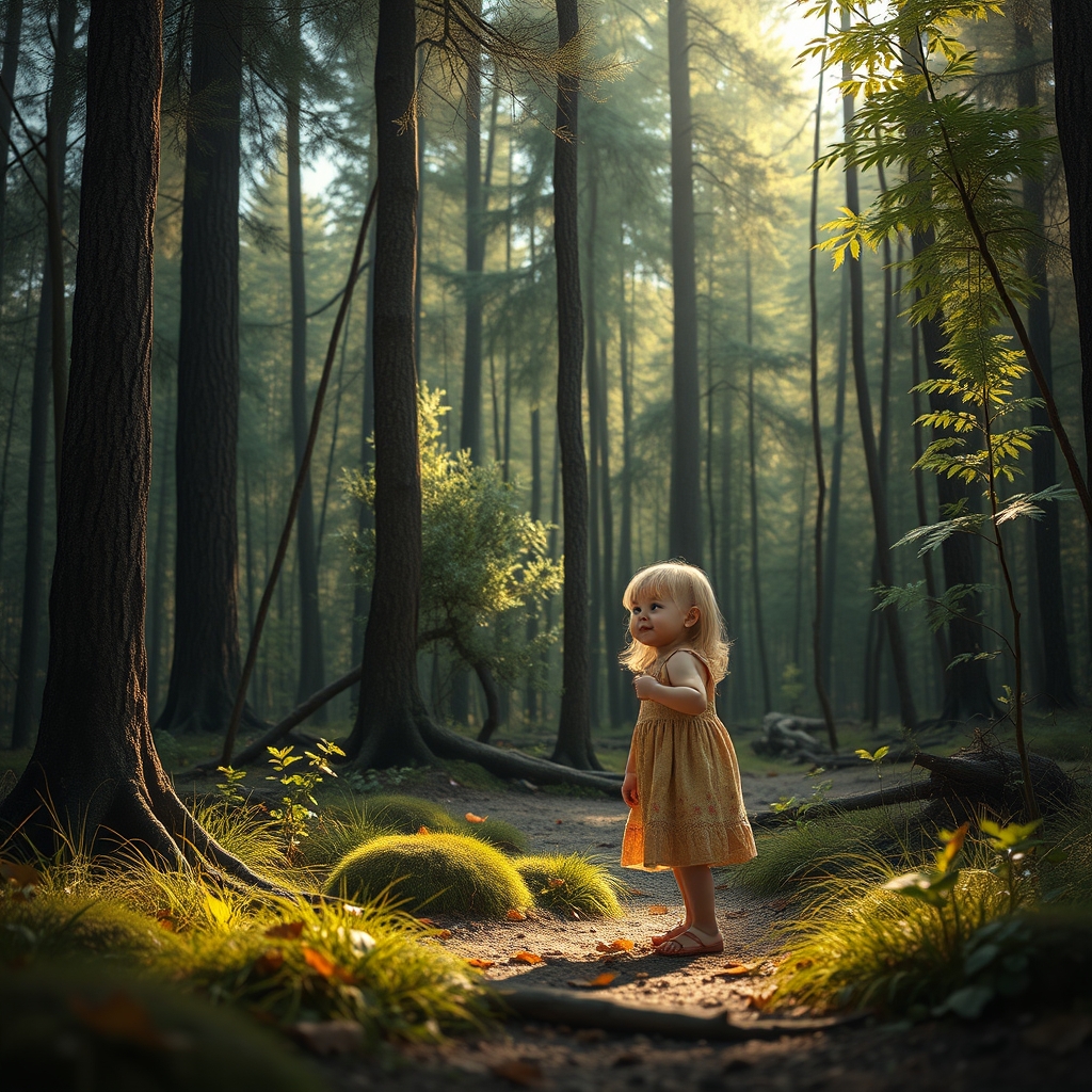 a forest scene with a toddler girl