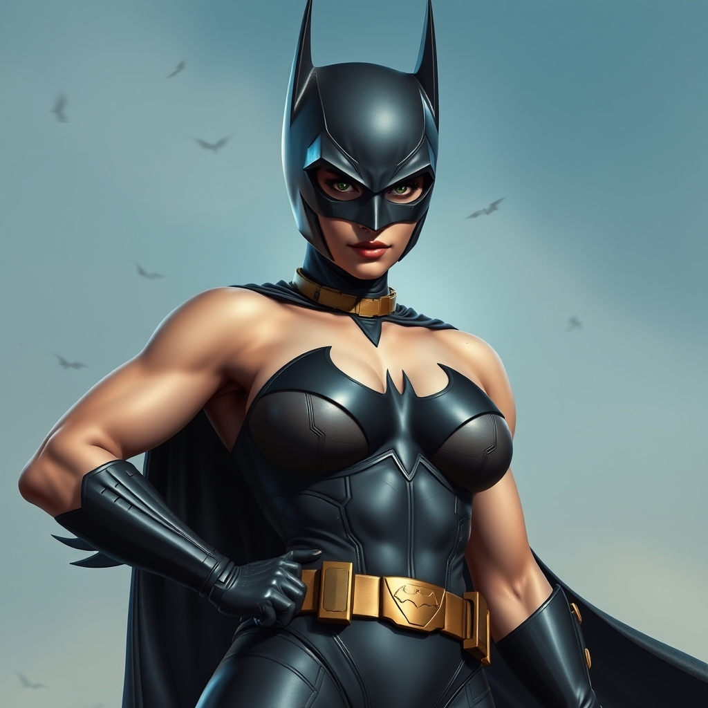 Female Batman athletic muscular fake tits