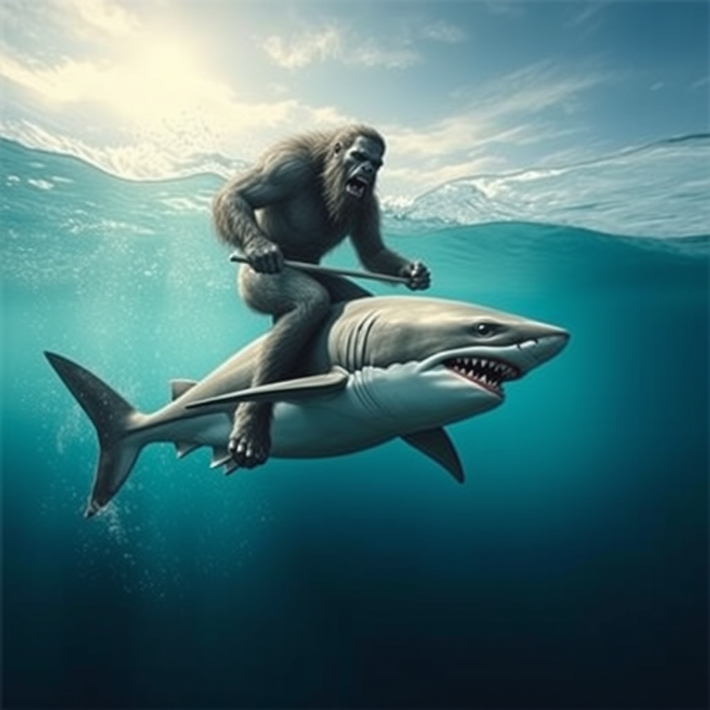 Bigfoot riding a shark
