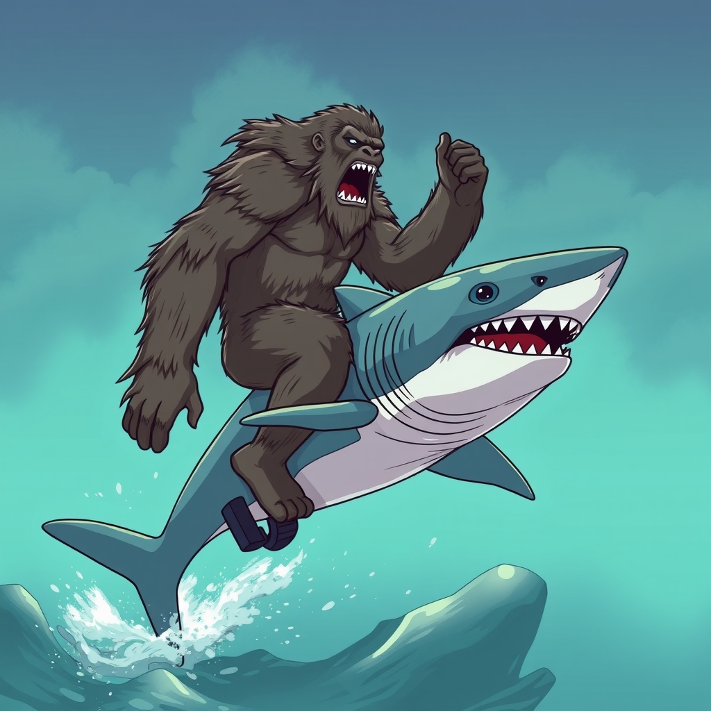 Bigfoot riding a shark