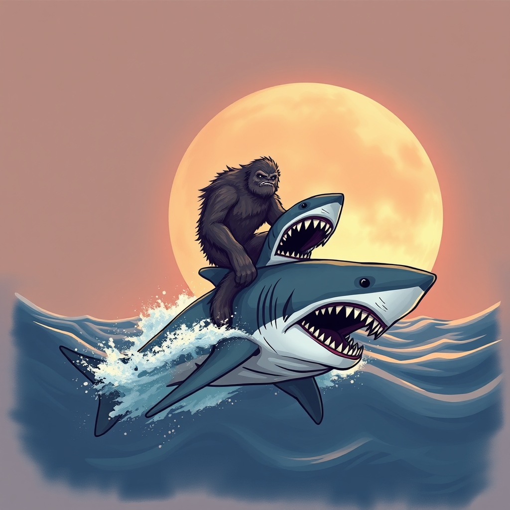 Bigfoot riding a shark