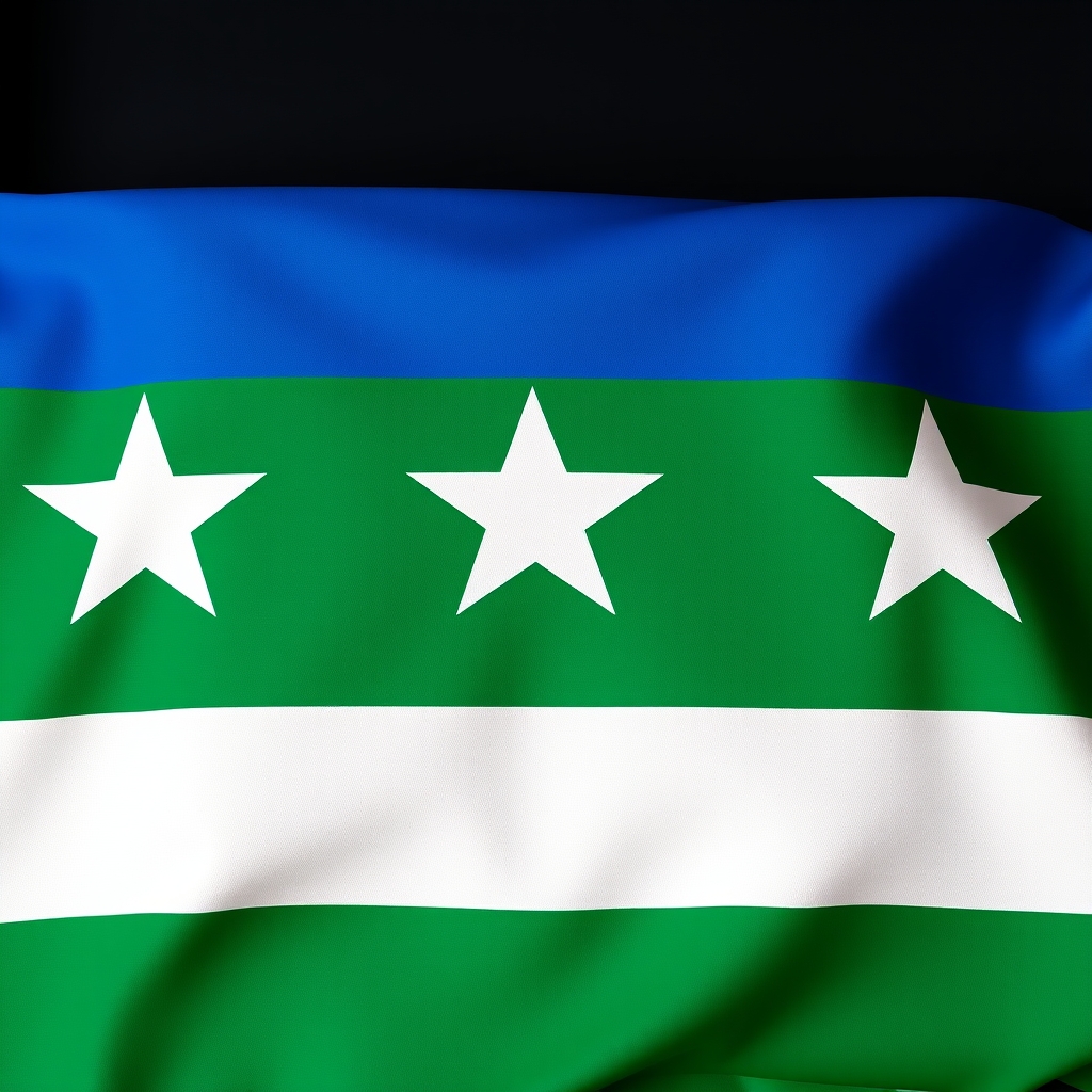 american flag with five stars, green blue and white