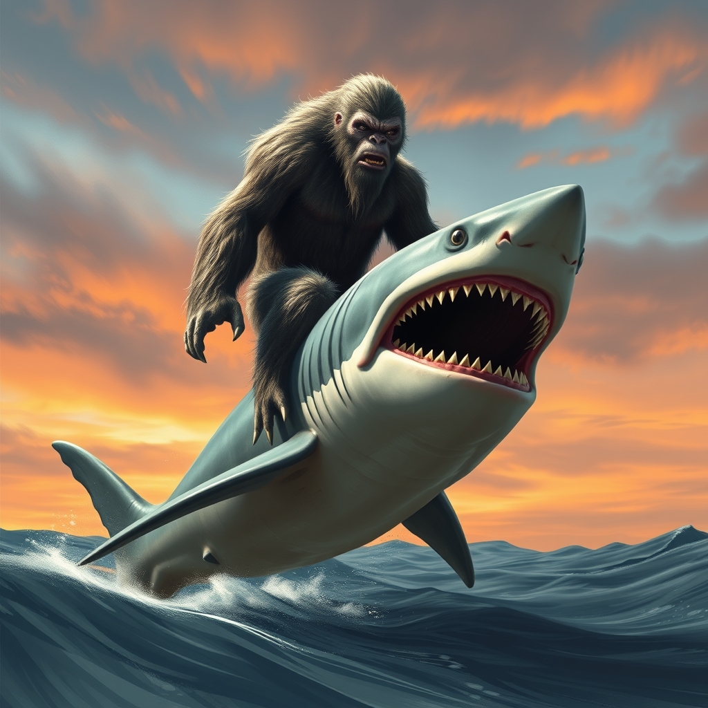 Bigfoot riding a shark