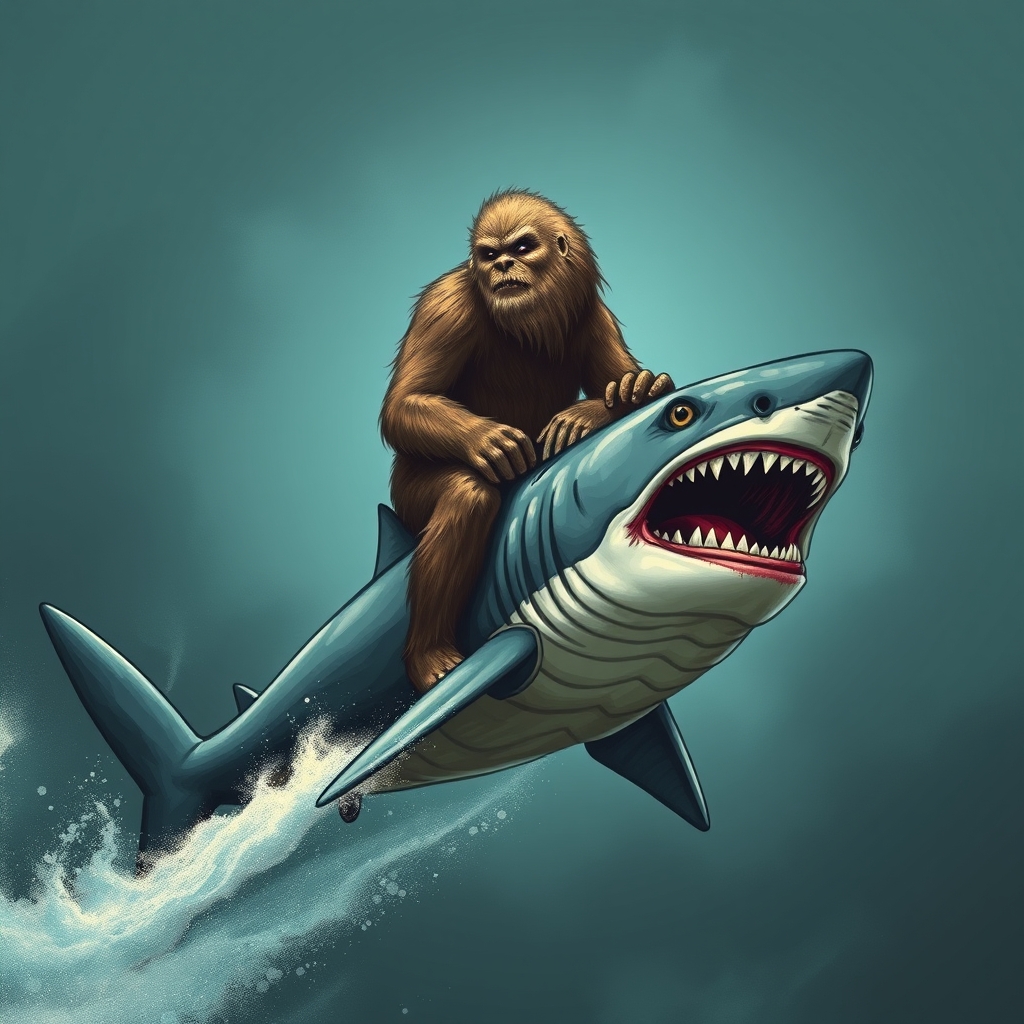 Bigfoot riding a shark