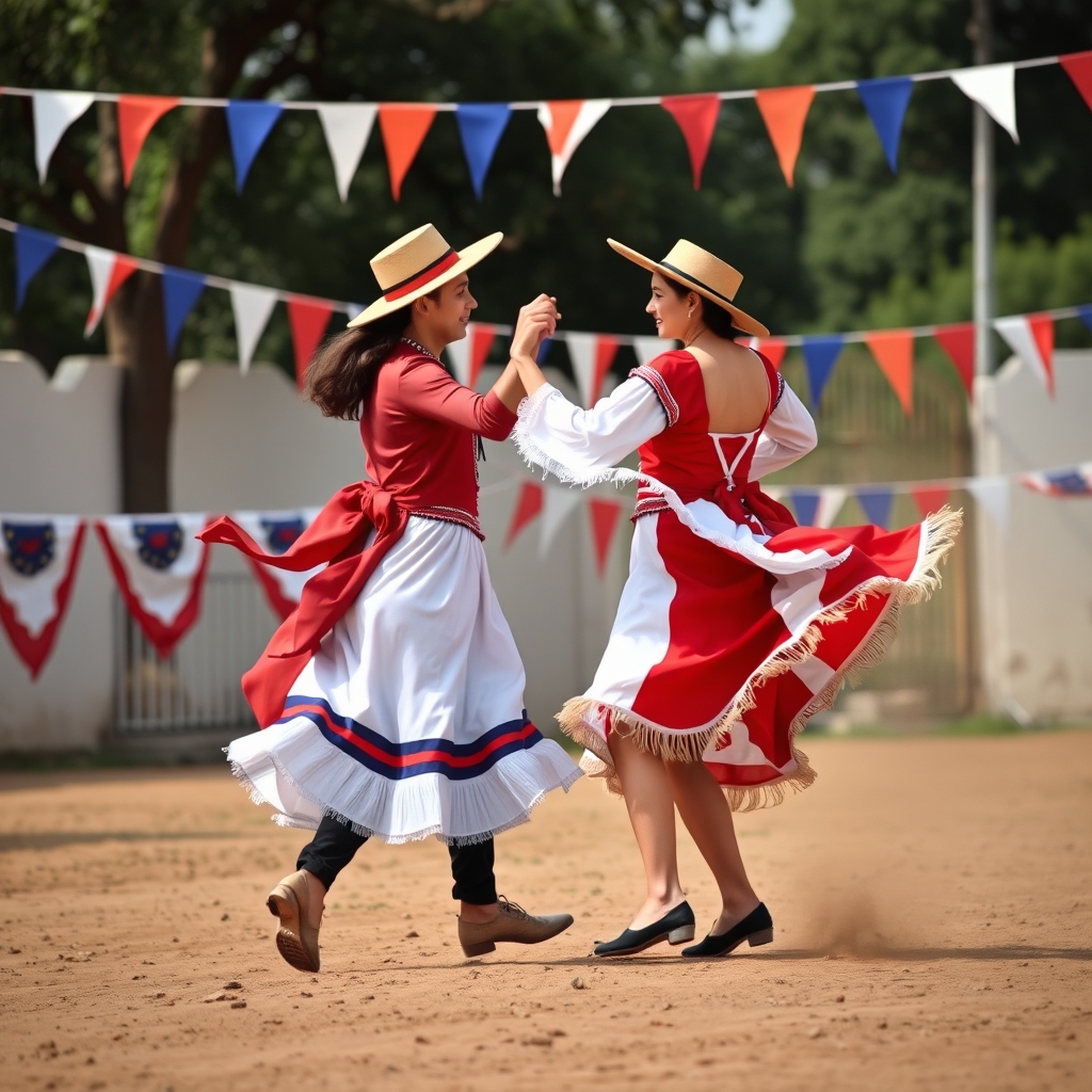 Los dos personajes bailan cueca en tierra firme, agitando pa