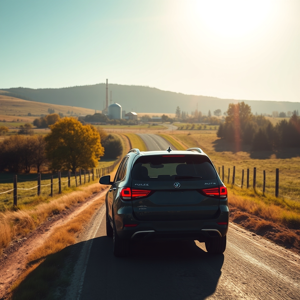 An SUV driving through a rural landscape towards a distiller