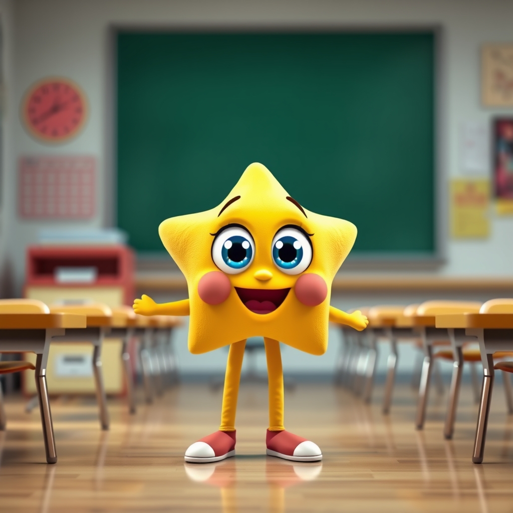 A  cute star with big eyes is standing in classroom