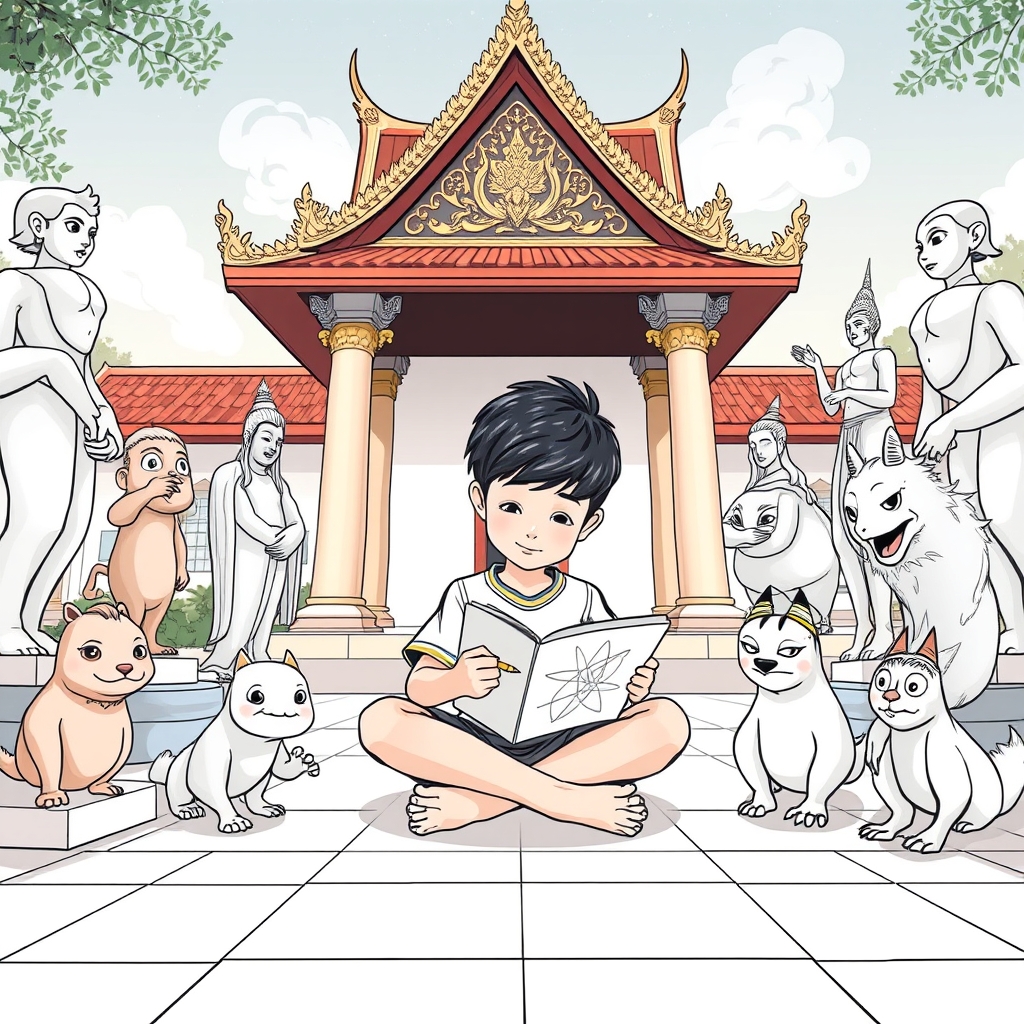 A wide shot of a young boy sitting cross-legged in front of 