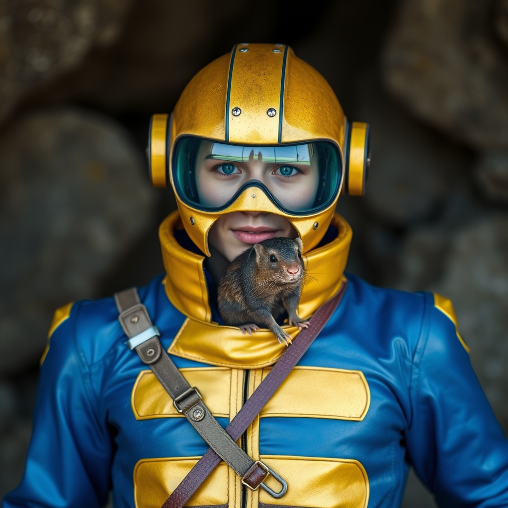 Fallout dweller in a blue and gold suit with a mole rat