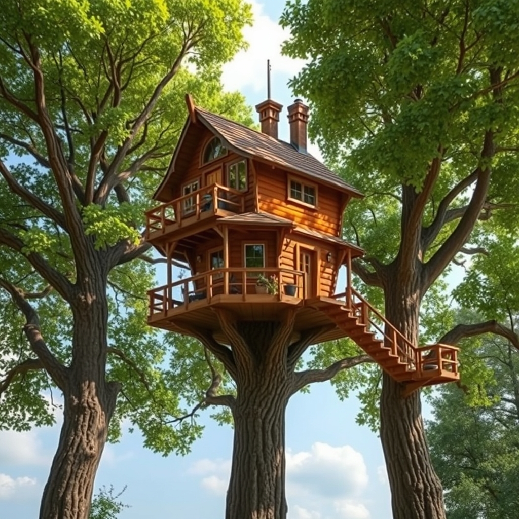A Whimsical treehouse, built on 3 trees each 15 feet apart.
