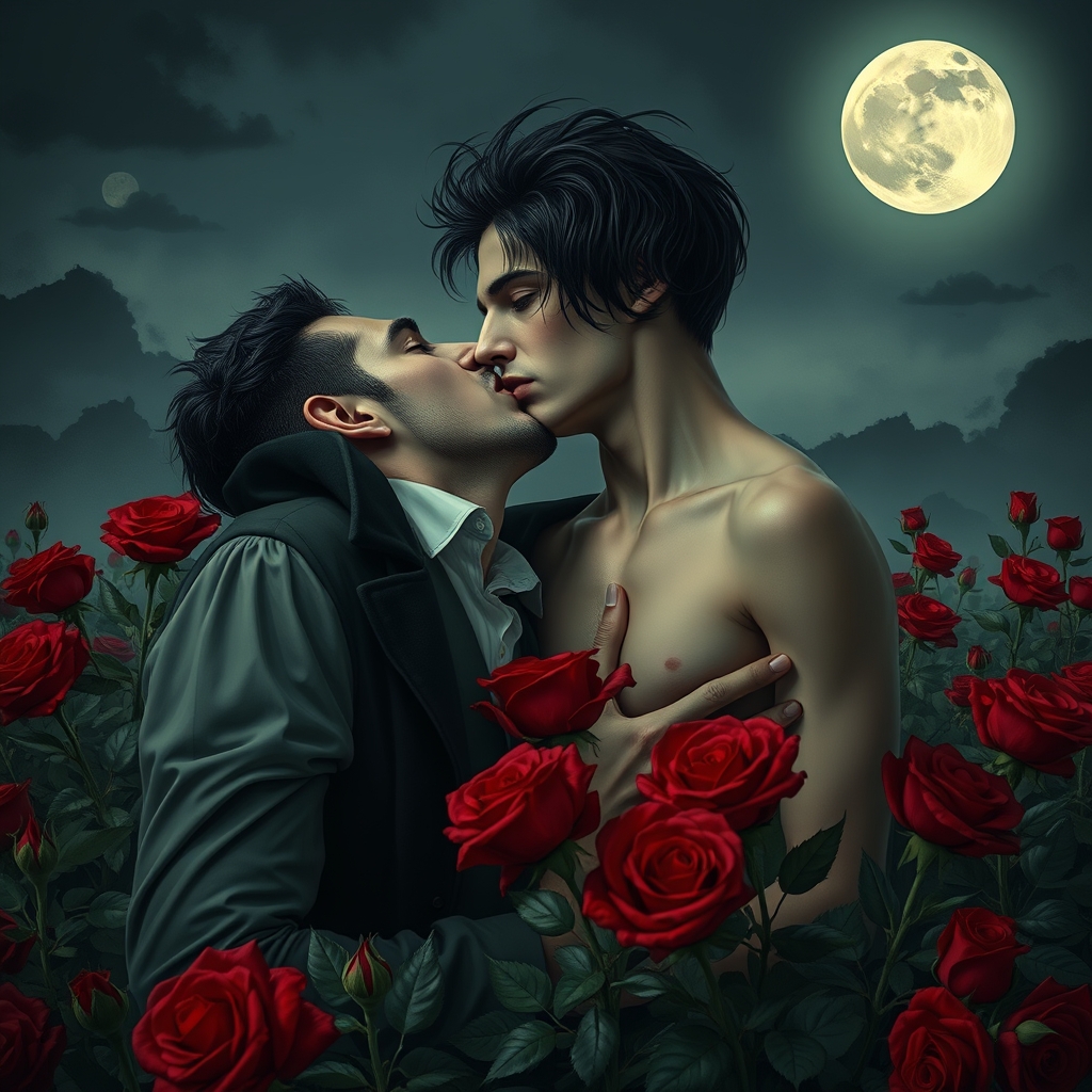 A male middle eastern vampire romantically biting the neck o