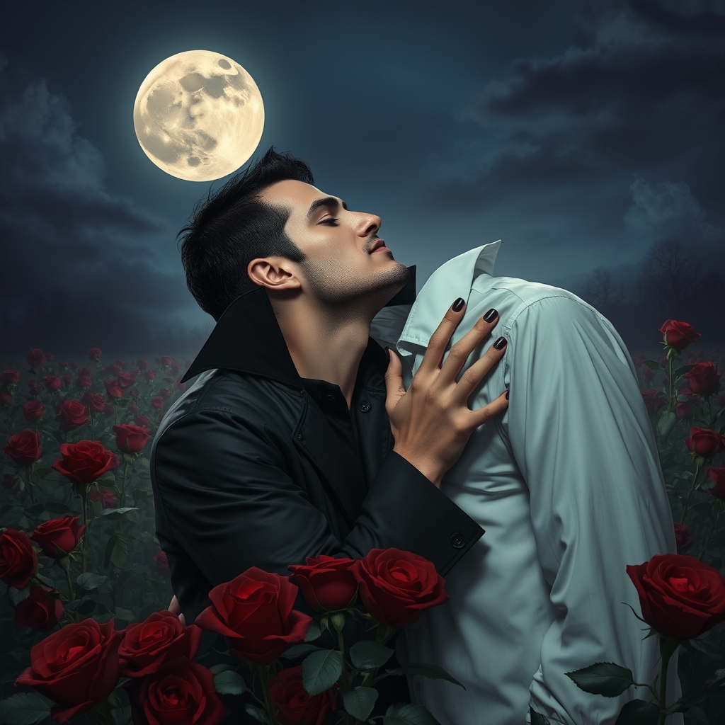 A male middle eastern vampire romantically biting the neck o