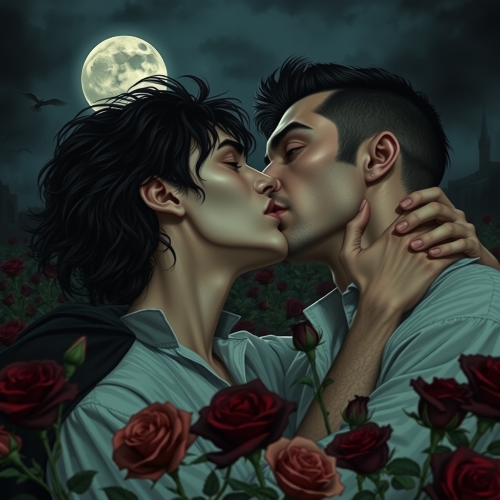 A male middle eastern vampire romantically biting the neck o