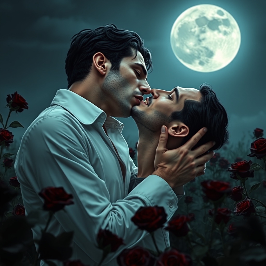 A male middle eastern vampire romantically biting the neck o