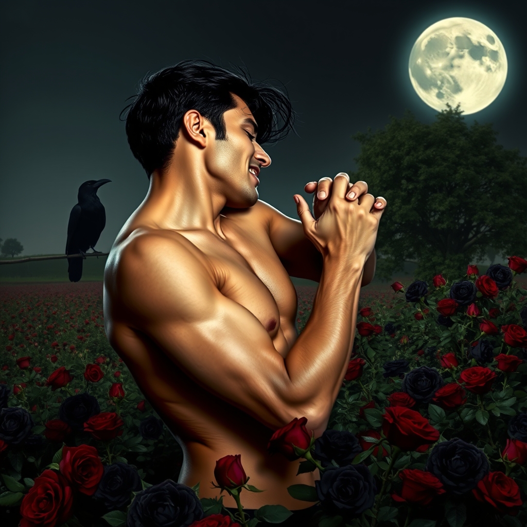 Shirtless middle Eastern male Vampire with his fangs out rom