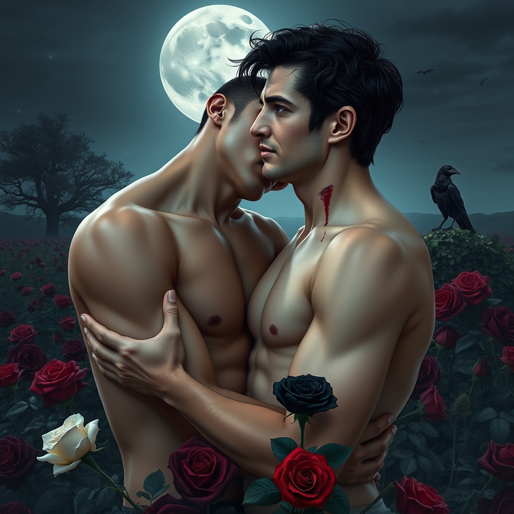 Shirtless middle Eastern male Vampire with his fangs out rom