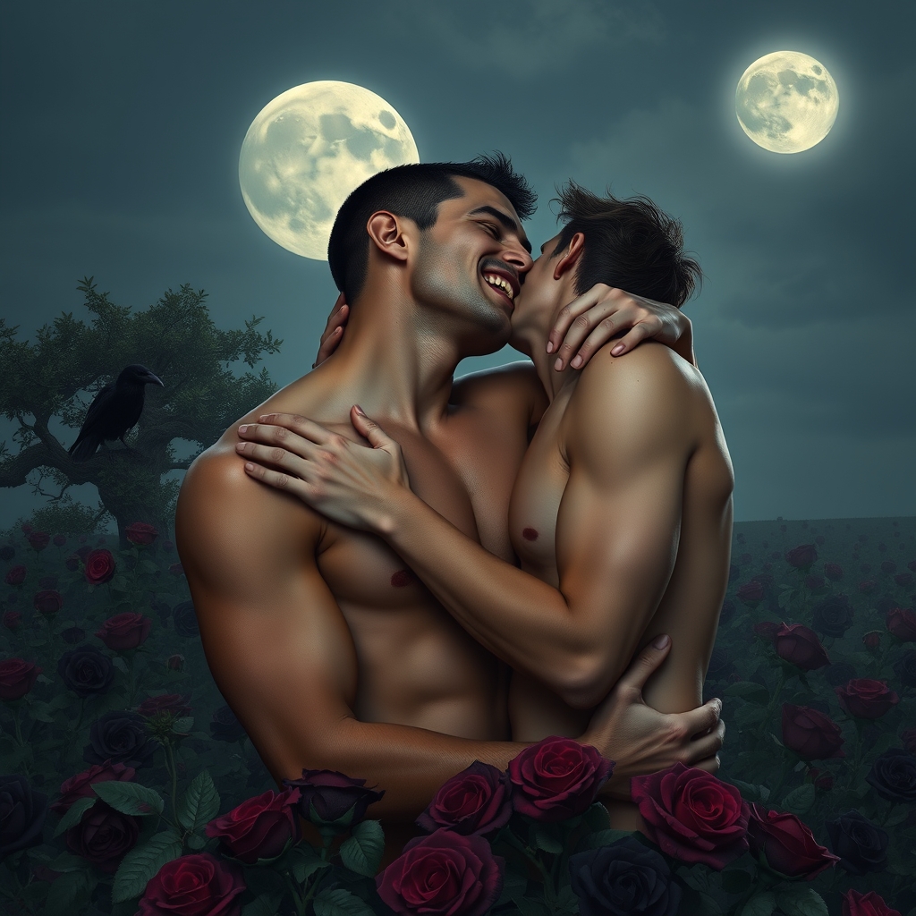 Shirtless tan middle Eastern male Vampire with his fangs out