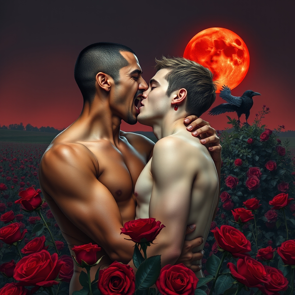 Shirtless tan middle Eastern male Vampire with his fangs out