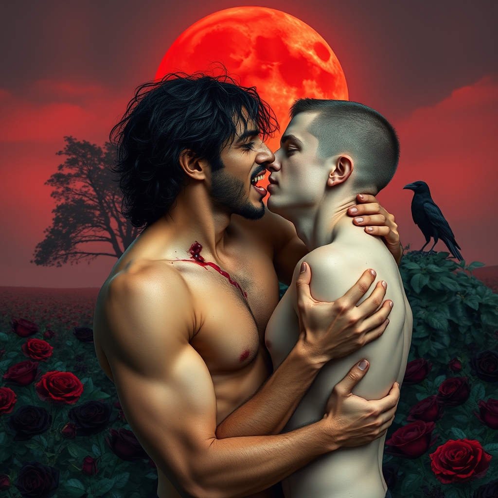 Shirtless tan middle Eastern male Vampire with his fangs out