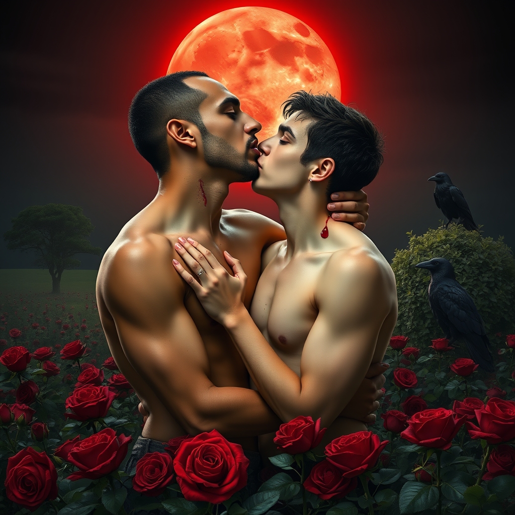 Shirtless tan middle Eastern male Vampire with his fangs out
