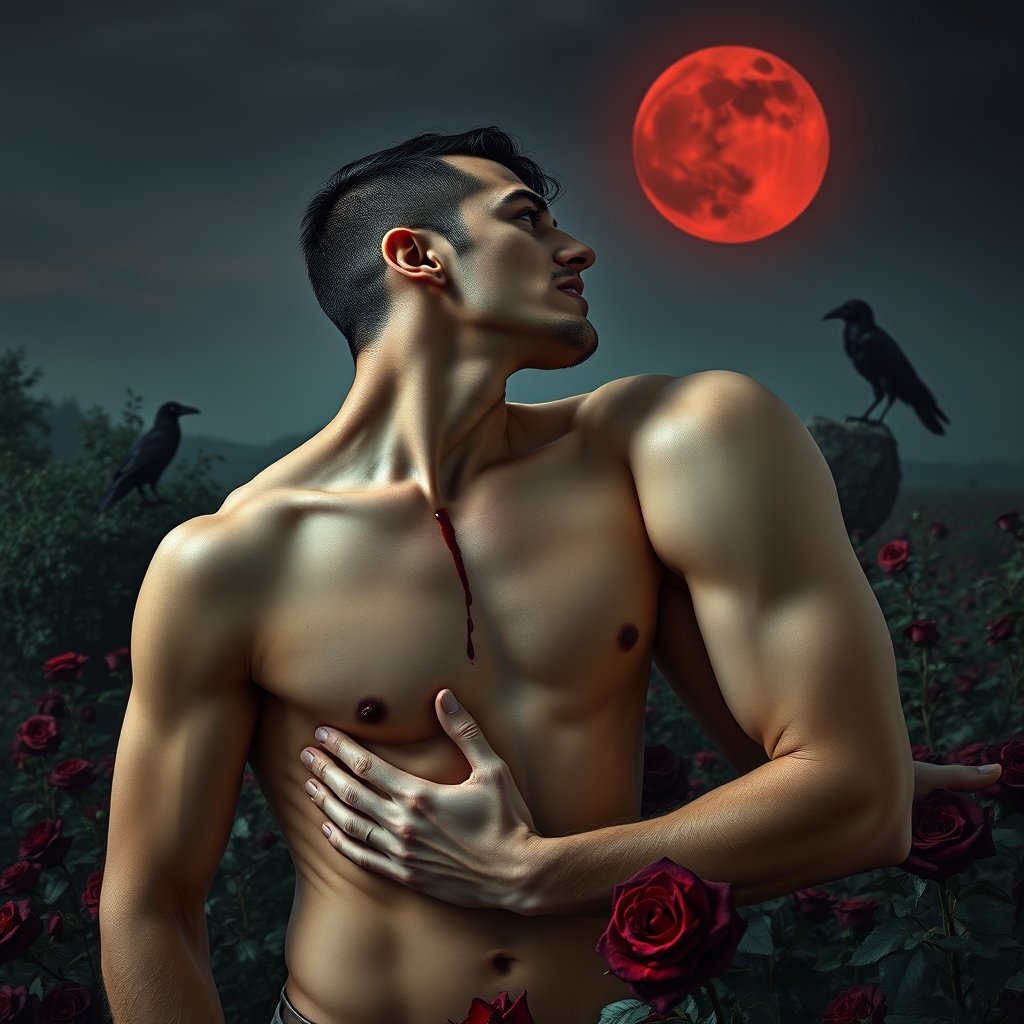 A naked tan, middle Eastern male Vampire with his fangs out 