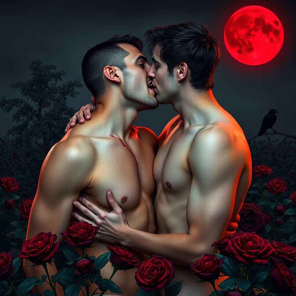 A naked tan, middle Eastern male Vampire with his fangs out 