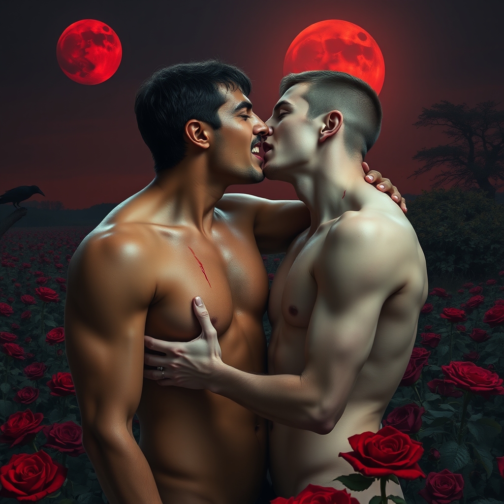A naked tan, middle Eastern male Vampire with his fangs out 