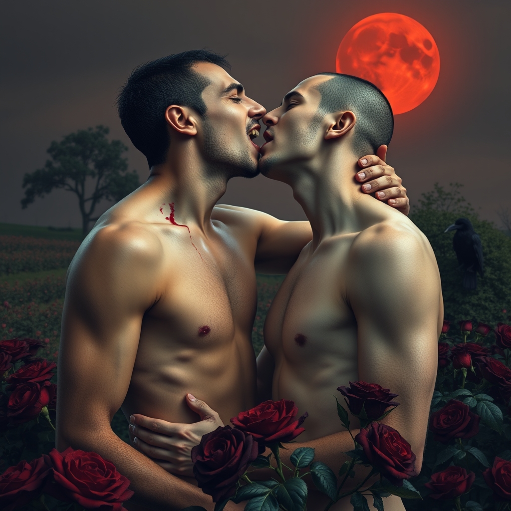 A naked tan, middle Eastern male Vampire with his fangs out 