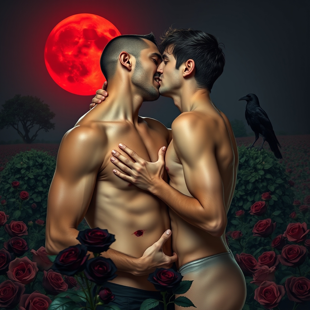 A erect naked tan, middle Eastern male Vampire with his fang