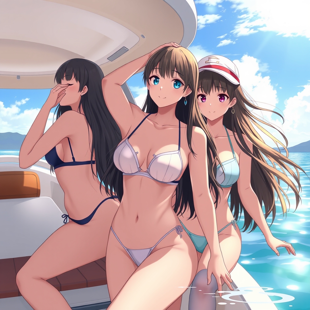 Boating girls wearing transparent bikinis