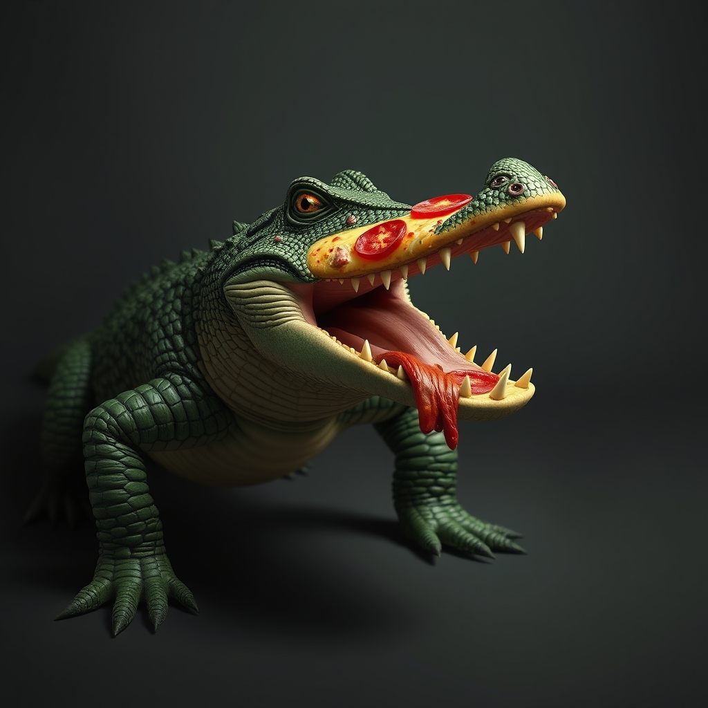 Crocodile and pizza hybrid with legs