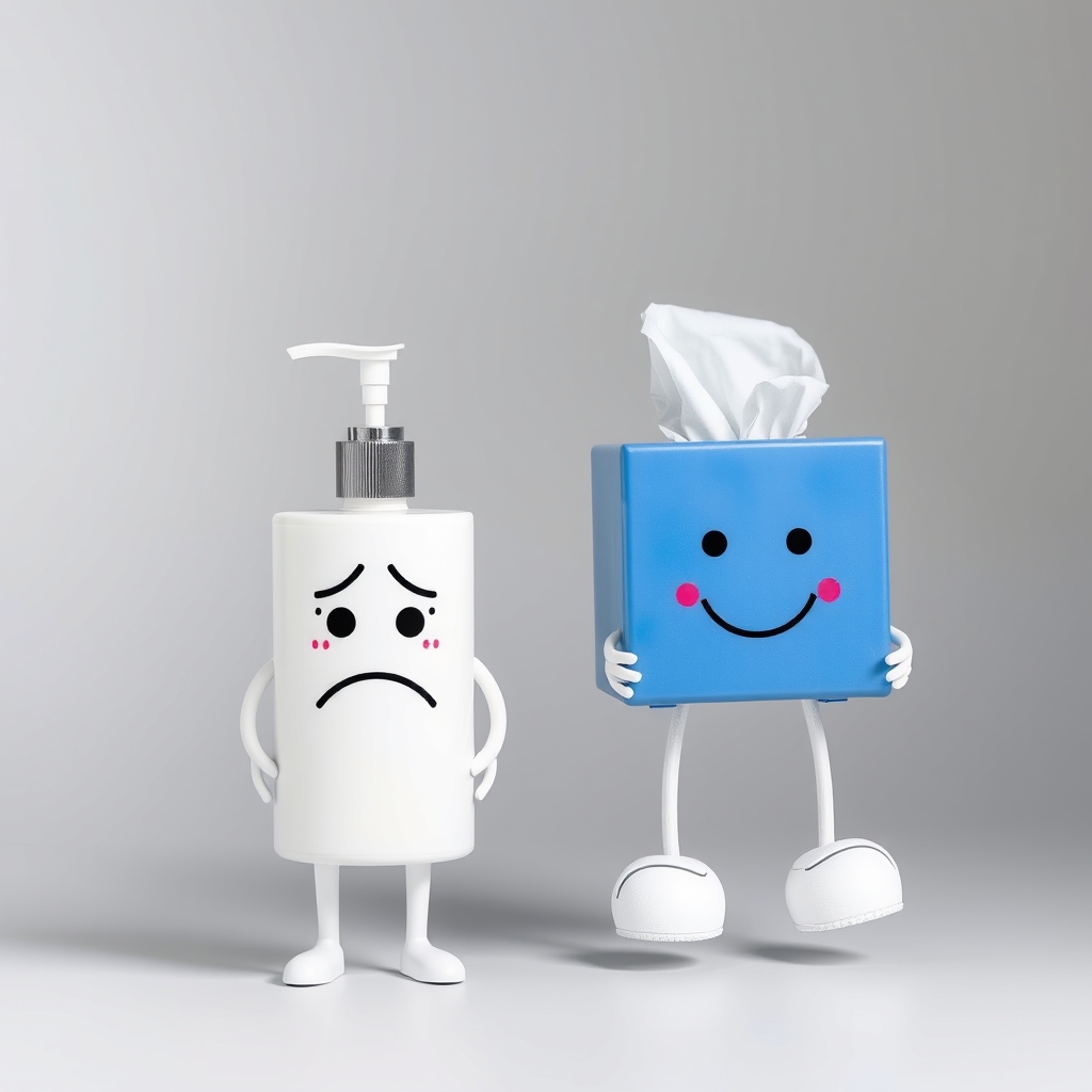 White Lotion bottle with legs with a frustrated face, blue t