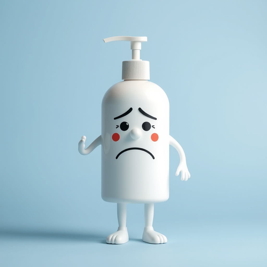 White Lotion bottle with legs with a frustrated face, blue t