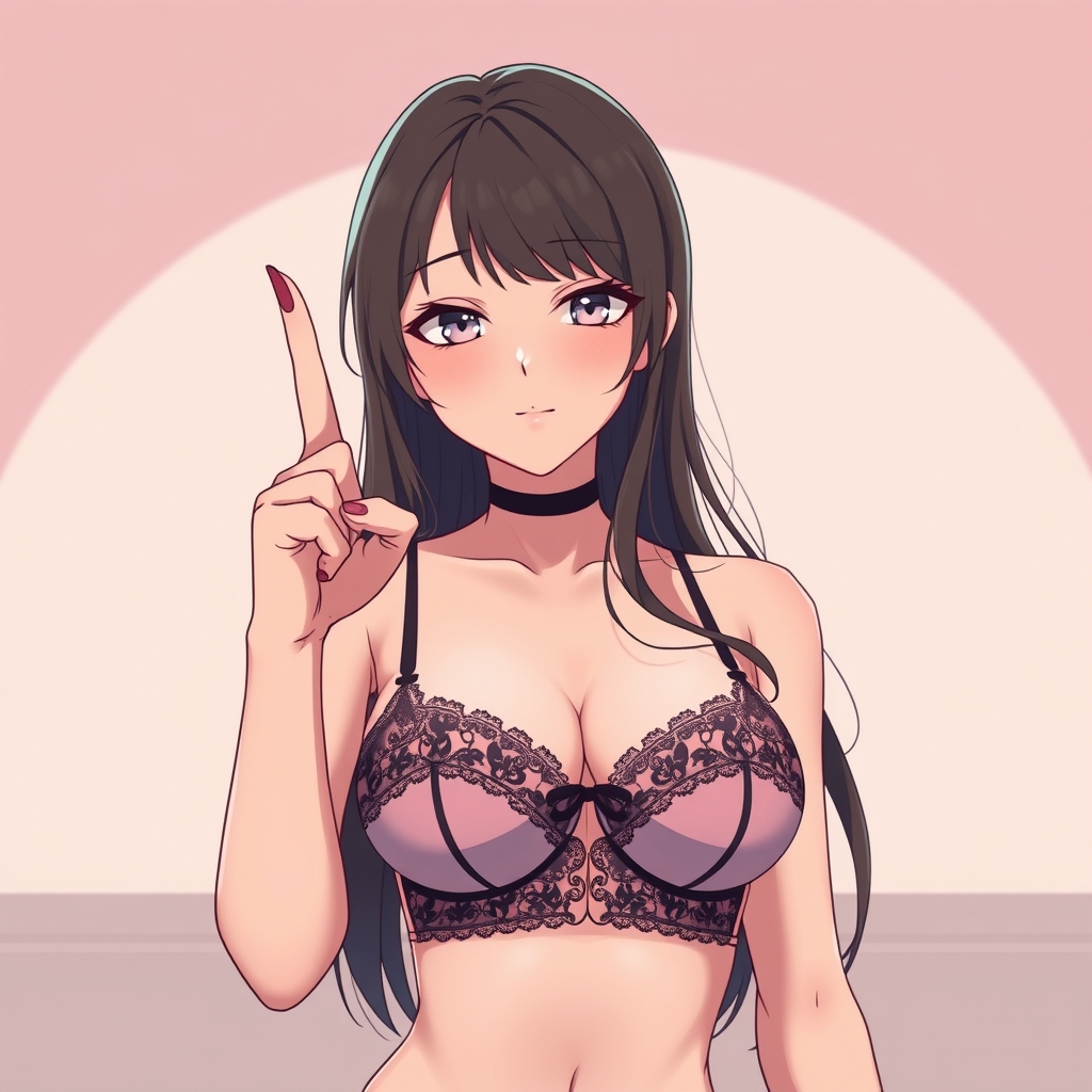 Woman wearing a tiny bra holding up the third finger
