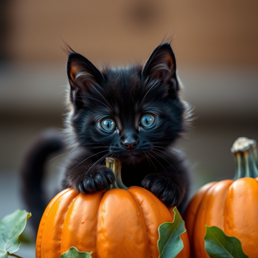 Black kitten with a pumpkin