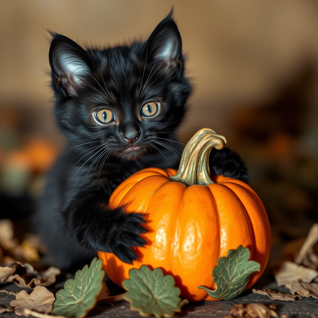 Black kitten with a pumpkin