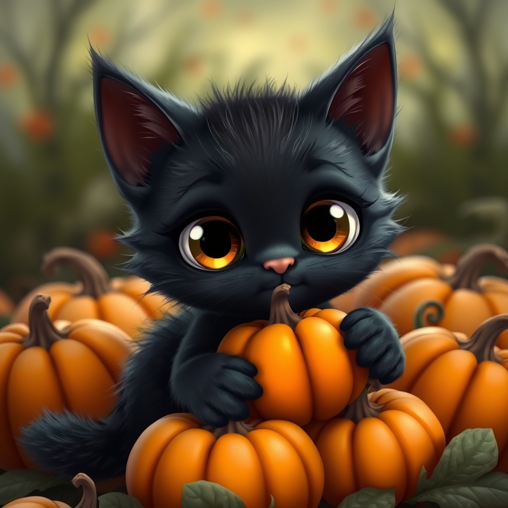 Animated Black kitten with big eyes and with multiple pumpki