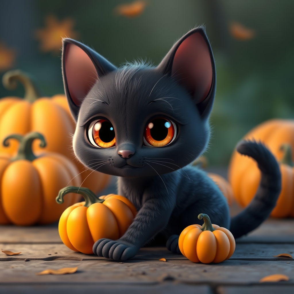 Animated Black kitten with big eyes and with multiple pumpki